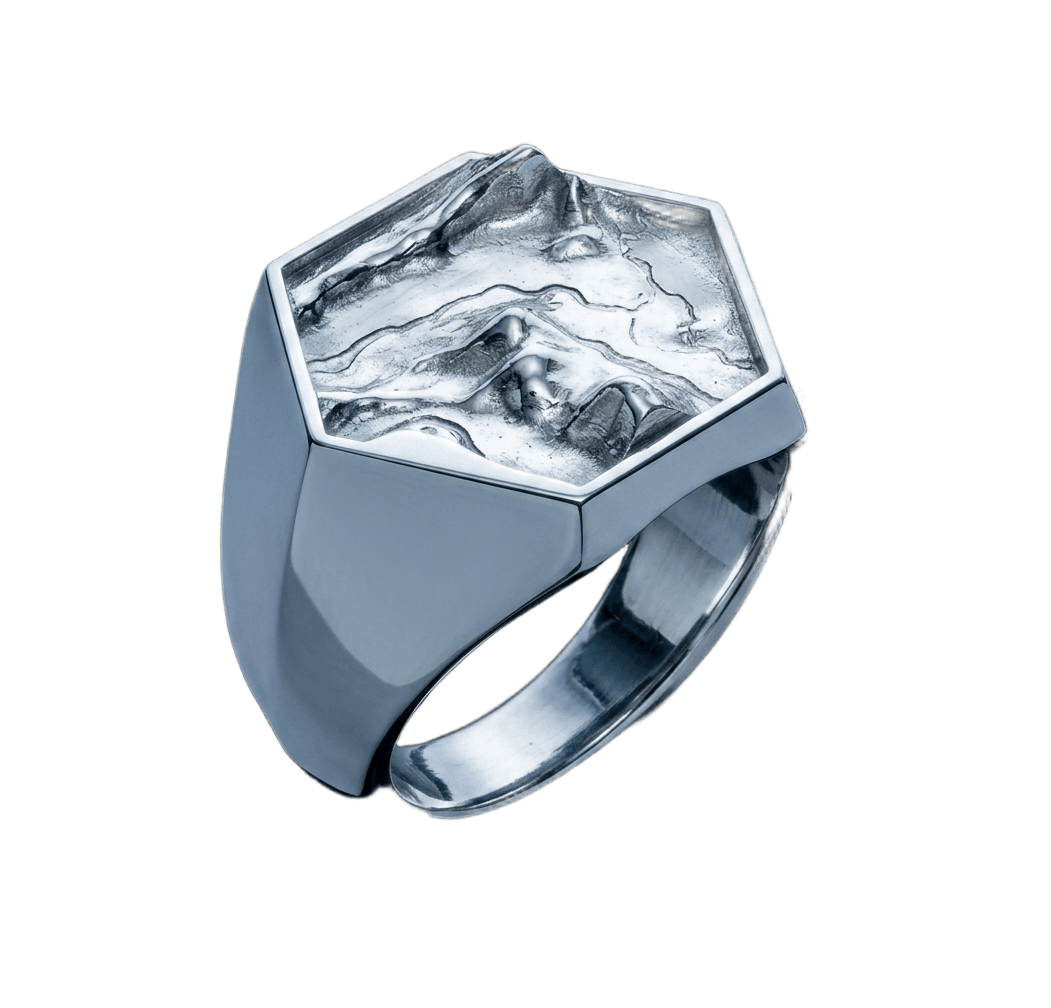 Hexagon signet ring, Bali terrain map cast in relief on the face