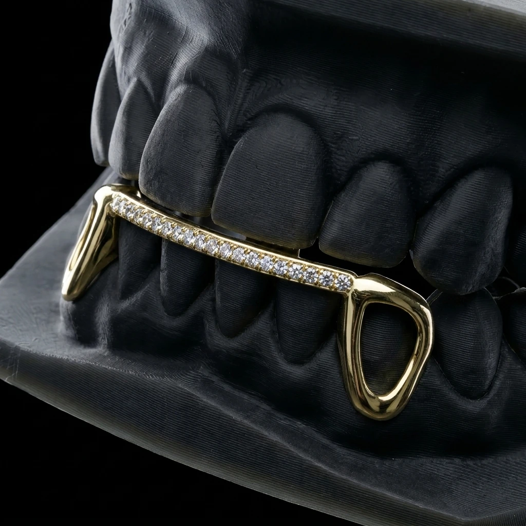 Window Bridge — open-face canines bridged by an iced bar, in 18K yellow gold