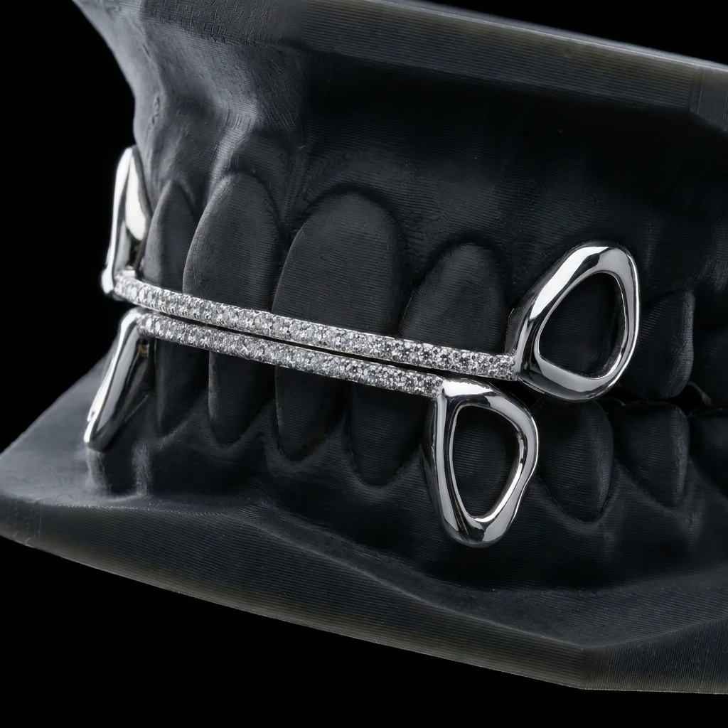 Window Bridge — open-face canines bridged by an iced bar, upper and lower jaws, in sterling silver