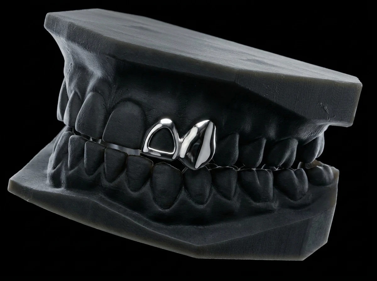 Iced canine paired with a window lateral incisor in silver