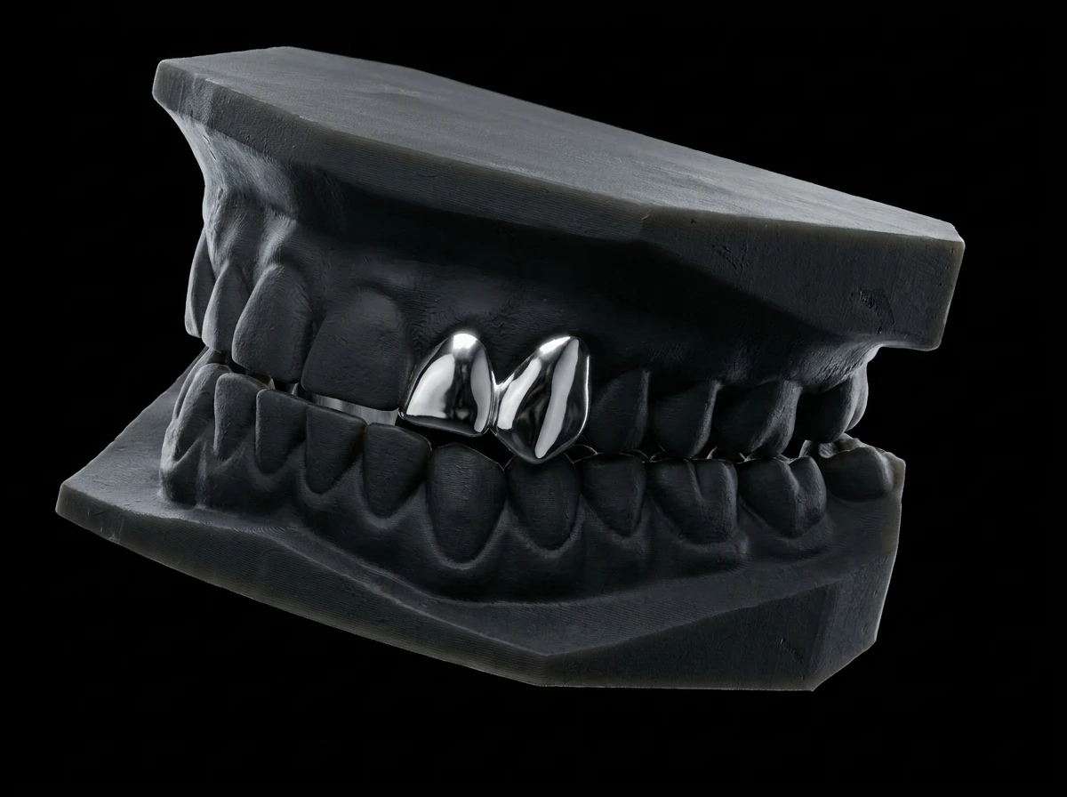Double caps — two solid silver caps on the canine and lateral incisor