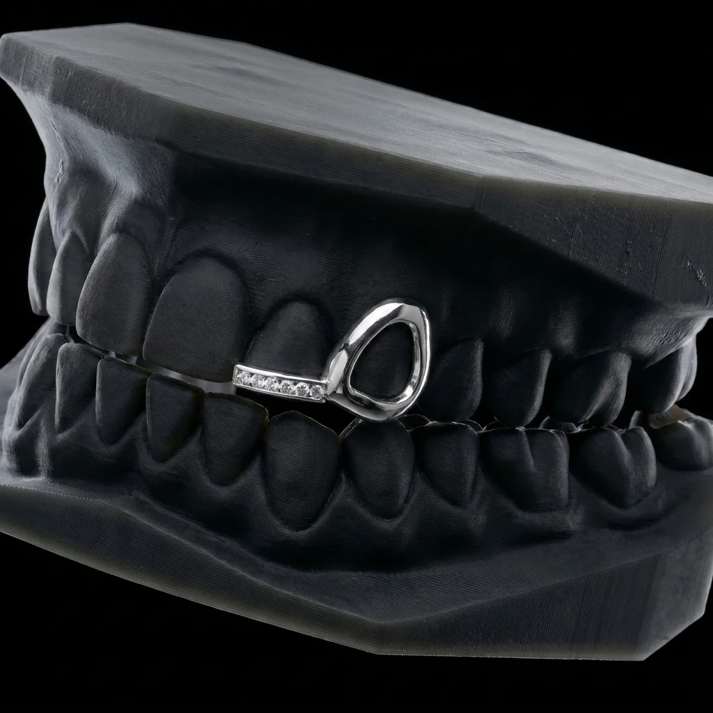 Window cap on the canine with a stone-set bar across the lateral incisor, in silver